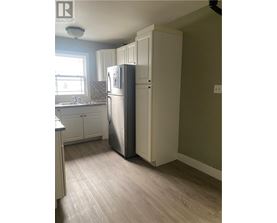 A kitchen with a refrigerator and a sink.