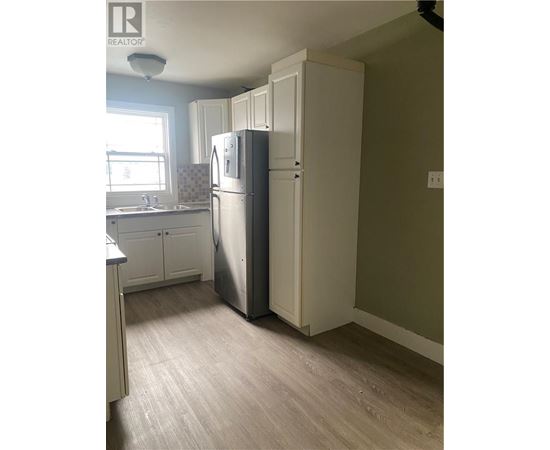 A kitchen with a refrigerator and a sink.