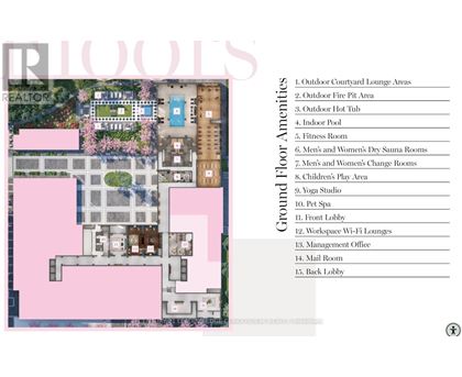 A floor plan of a building with a list of amenities on the right side.