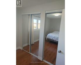 A bedroom with a bed and a mirrored door.