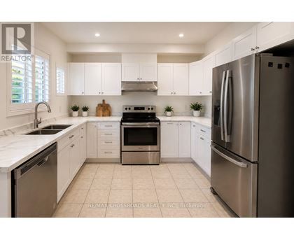 A modern kitchen with white cabinets and stainless steel appliances.