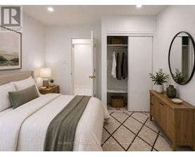 A bedroom with a large bed and a wardrobe.