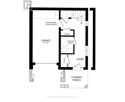 A black and white floor plan of a house with a garage, closet, and covered porch.