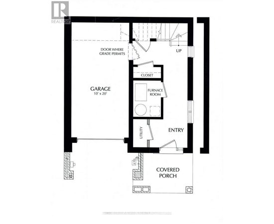 A black and white floor plan of a house with a garage, closet, and covered porch.