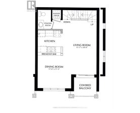 A floor plan of a house with a living room, dining room, kitchen, powder room, and a covered balcony.
