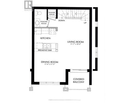 A floor plan of a house with a living room, dining room, kitchen, powder room, and a covered balcony.