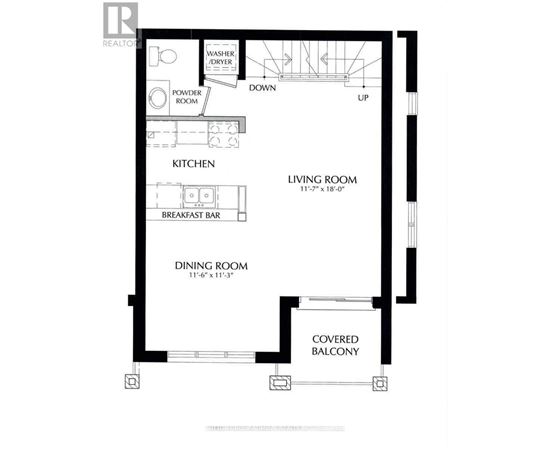 A floor plan of a house with a living room, dining room, kitchen, powder room, and a covered balcony.