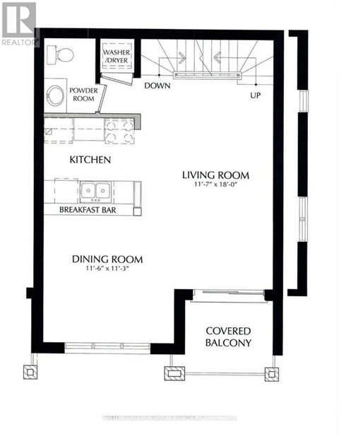 A floor plan of a house with a living room, dining room, kitchen, powder room, and a covered balcony.