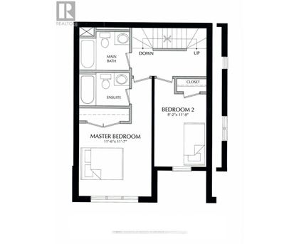 A black and white floor plan of a house with a master bedroom and a second bedroom.