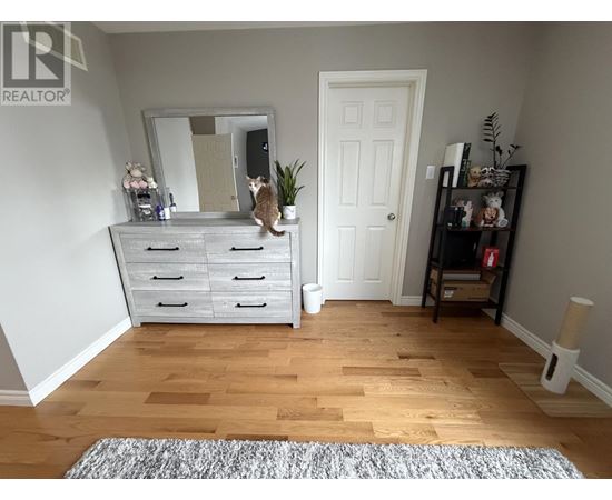 A room with a white door, a white dresser with a mirror, and a grey rug.