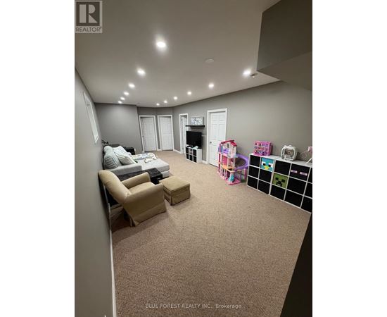 A living room with a grey carpet and a white sofa.