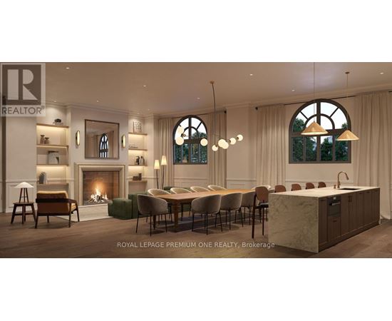 A modern and luxurious living room with a fireplace and a dining area.