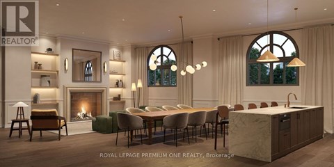 A modern and luxurious living room with a fireplace and a dining area.