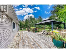 A wooden deck with a gazebo and potted plants.