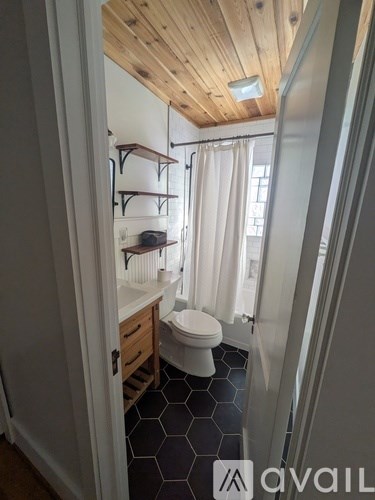 A bathroom with a toilet, a shower, and a wooden ceiling.