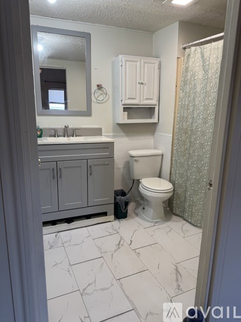 A bathroom with a toilet, sink, and cabinets.