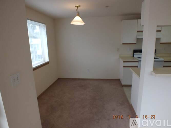 A room with a carpeted floor and a window on the left side.