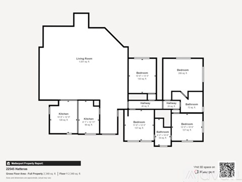 A floor plan of a property with a living room, two kitchens, four bedrooms, two bathrooms, and a hallway.
