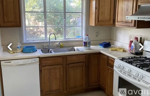 A kitchen with wooden cabinets and a white dishwasher.