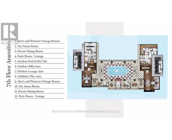 A diagram of a floor plan for a 7th floor apartment with amenities listed on the left.