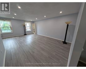 A spacious room with wooden flooring and white walls.