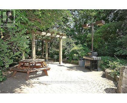 A wooden picnic table is set up under a pergola in a backyard.