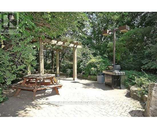 A wooden picnic table is set up under a pergola in a backyard.