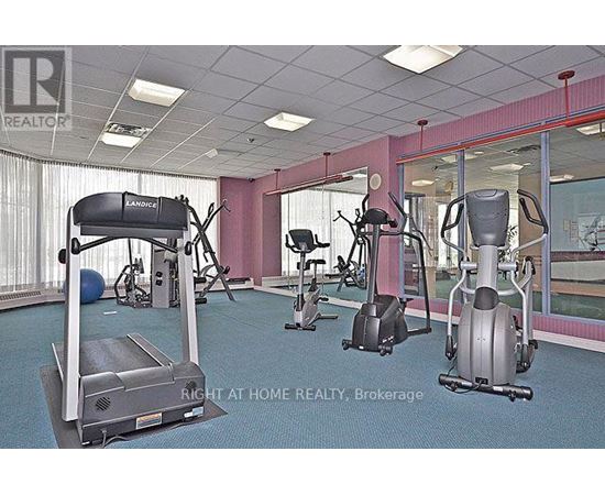 A gym with a treadmill, elliptical machines and other exercise equipment.