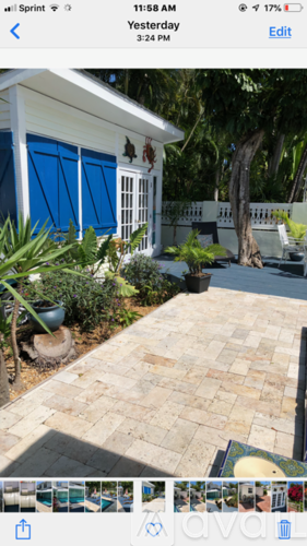 A patio with a brick pattern is surrounded by green plants and trees.