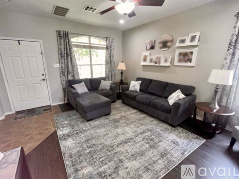 A living room with a grey couch and a rug.