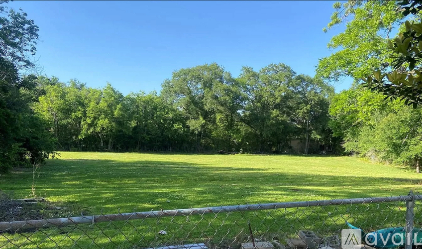 A grassy field with trees and a fence in the foreground.