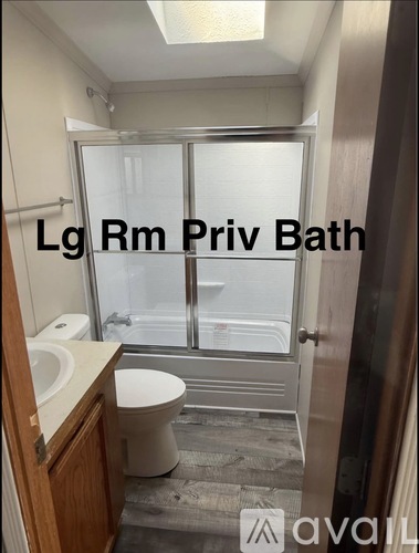 A bathroom with a toilet, sink, and a glass shower door.
