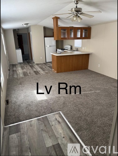 A living room with a kitchen area in the background.