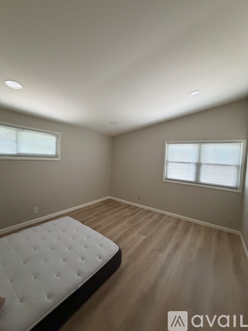 A bedroom with a large bed and two windows.