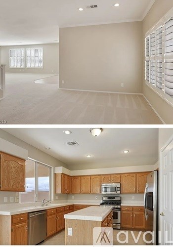 Above: Empty room with white walls and floor. Below: Kitchen with wooden cabinets and appliances.