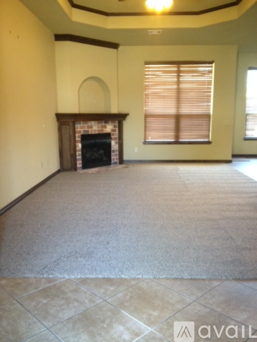 A living room with a fireplace and a carpet.