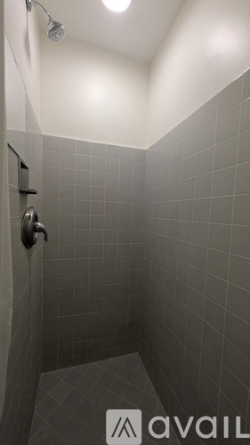 A shower area with a wall of tiles and a shower head.