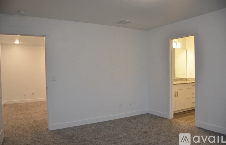 A room with white walls and carpeted floor with a doorway leading to another room.