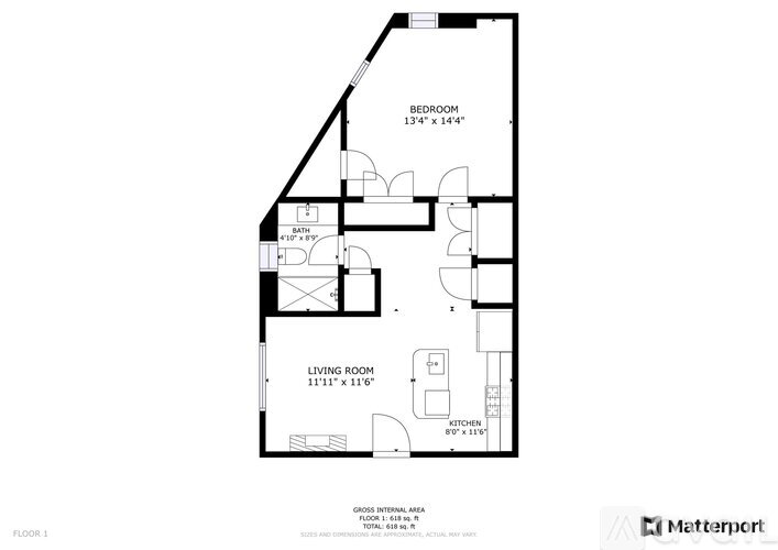 A floor plan of a bedroom and living room apartment.