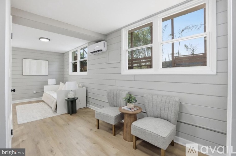 A living room with a grey sofa, a white couch, and a small table with a plant on it.
