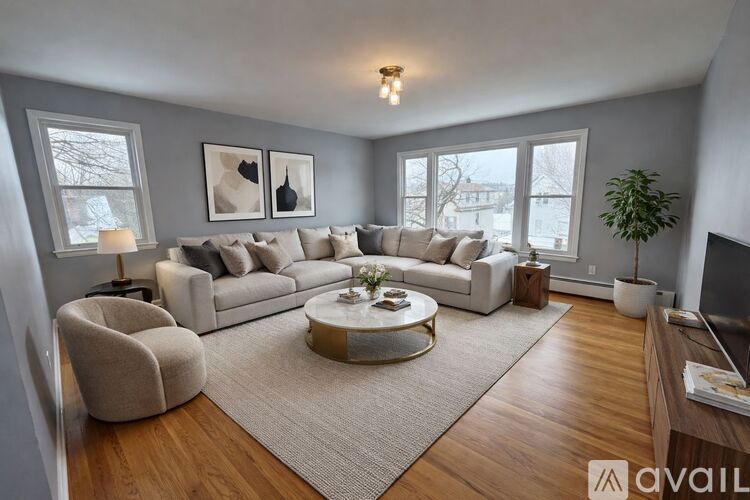 A living room with a white sofa, a grey armchair, a coffee table, and a plant.