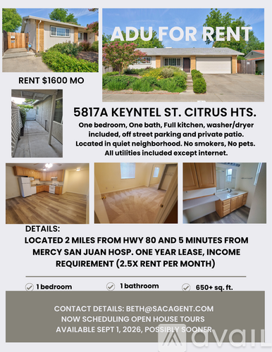 A flyer advertises a one-bedroom apartment for rent at $1600 per month.