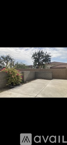 A backyard with a concrete patio and a tree in the background.