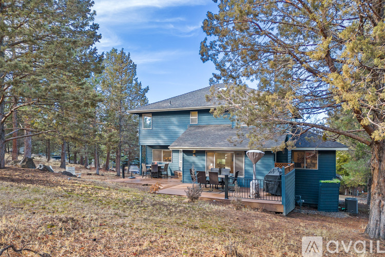 A house with a blue exterior is surrounded by trees and has a patio area.