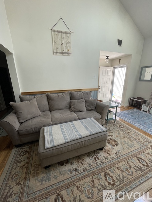 A living room with a grey couch and a rug.