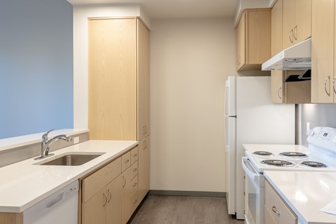 A kitchen with a white stove top oven and a white dishwasher.