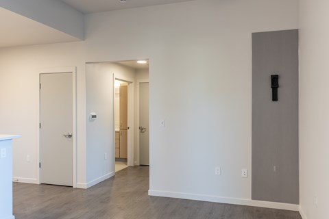 A room with a white door, a mirror, and a grey wall.
