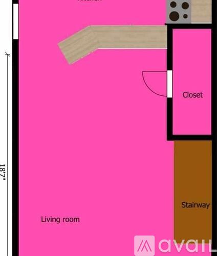 A diagram of a living room with a stairway and closet.