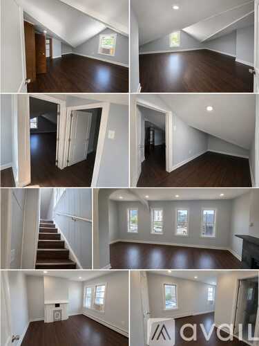 A series of images showing different angles of a room with wooden floors and white walls.