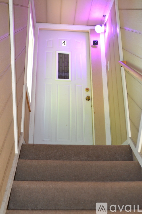 A stairway with a white door at the bottom.